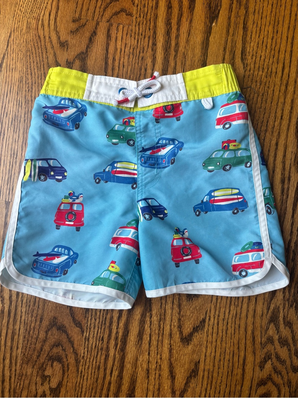 Mini Boden Light Blue Boys Swim Trunks with Multicolor Car Print